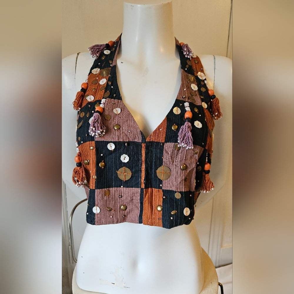Colorful Patchwork Beaded Embelleshed Halter Crop Top Zara New Without Tag SZ M